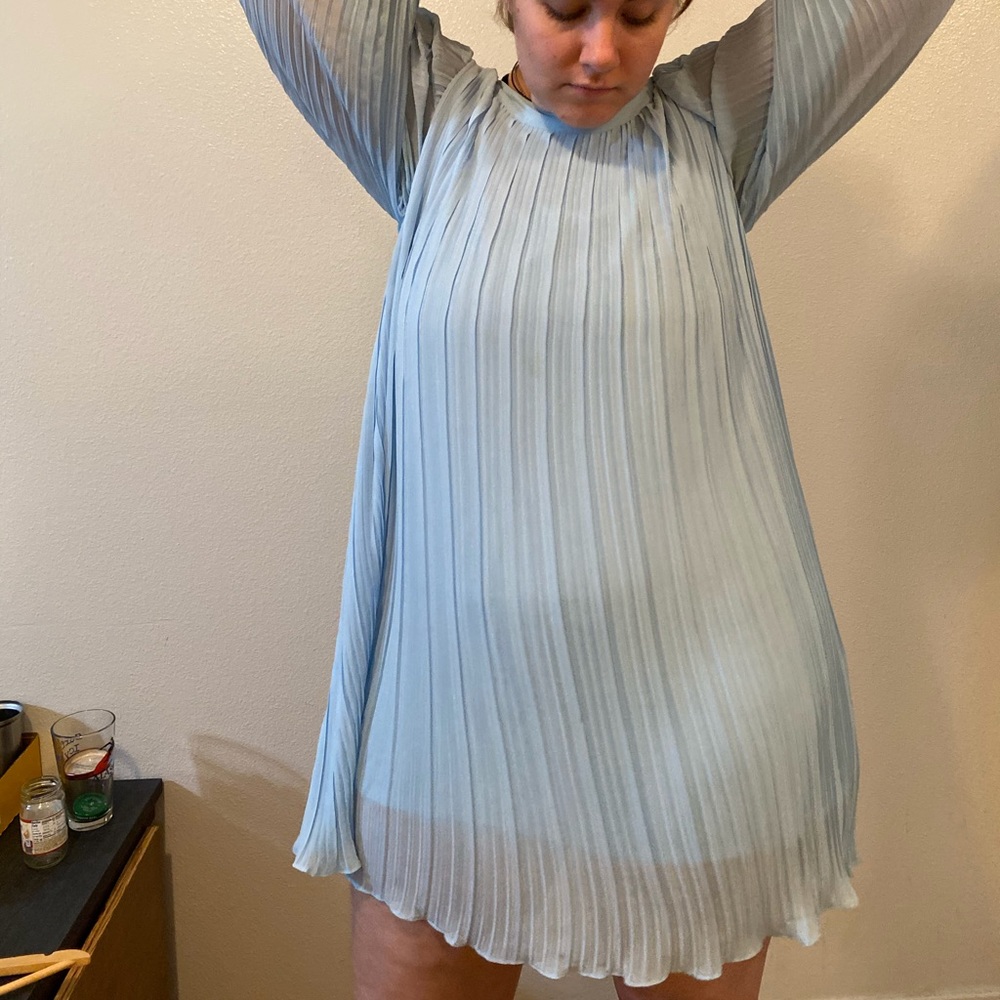 Powder blue pleated silk chiffon dress